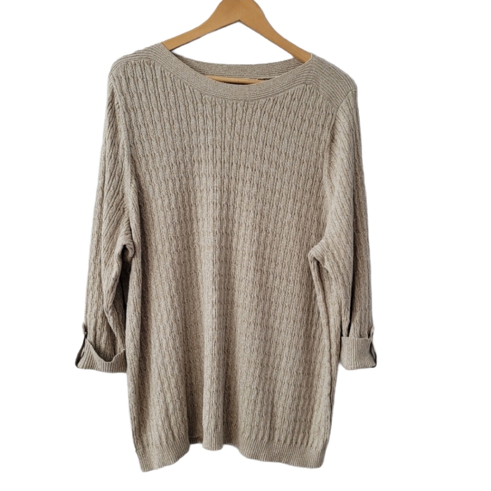 Women's Soft Cable Knit Crewneck Sweater 3/4 Sleeve Plus Size 3X